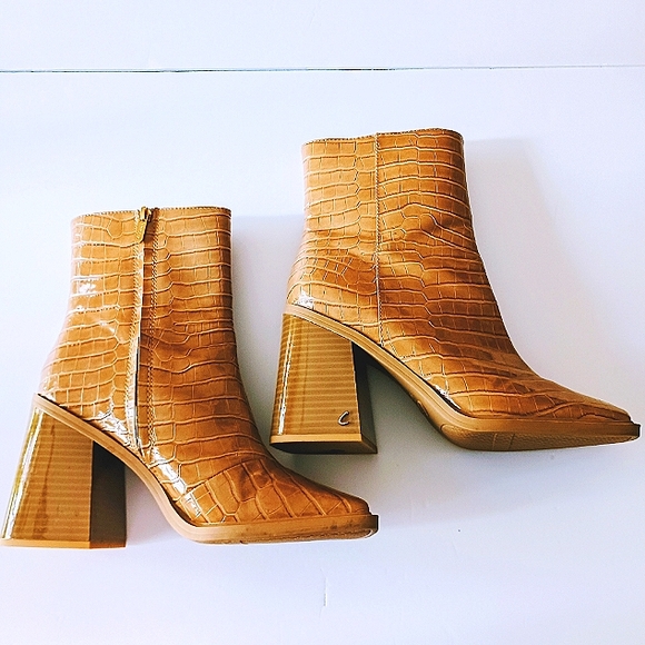 SAM Edelman Circus Layla Square Toe Block Heel Zip-Up Bootie Caramel Size 10 - Picture 3 of 8